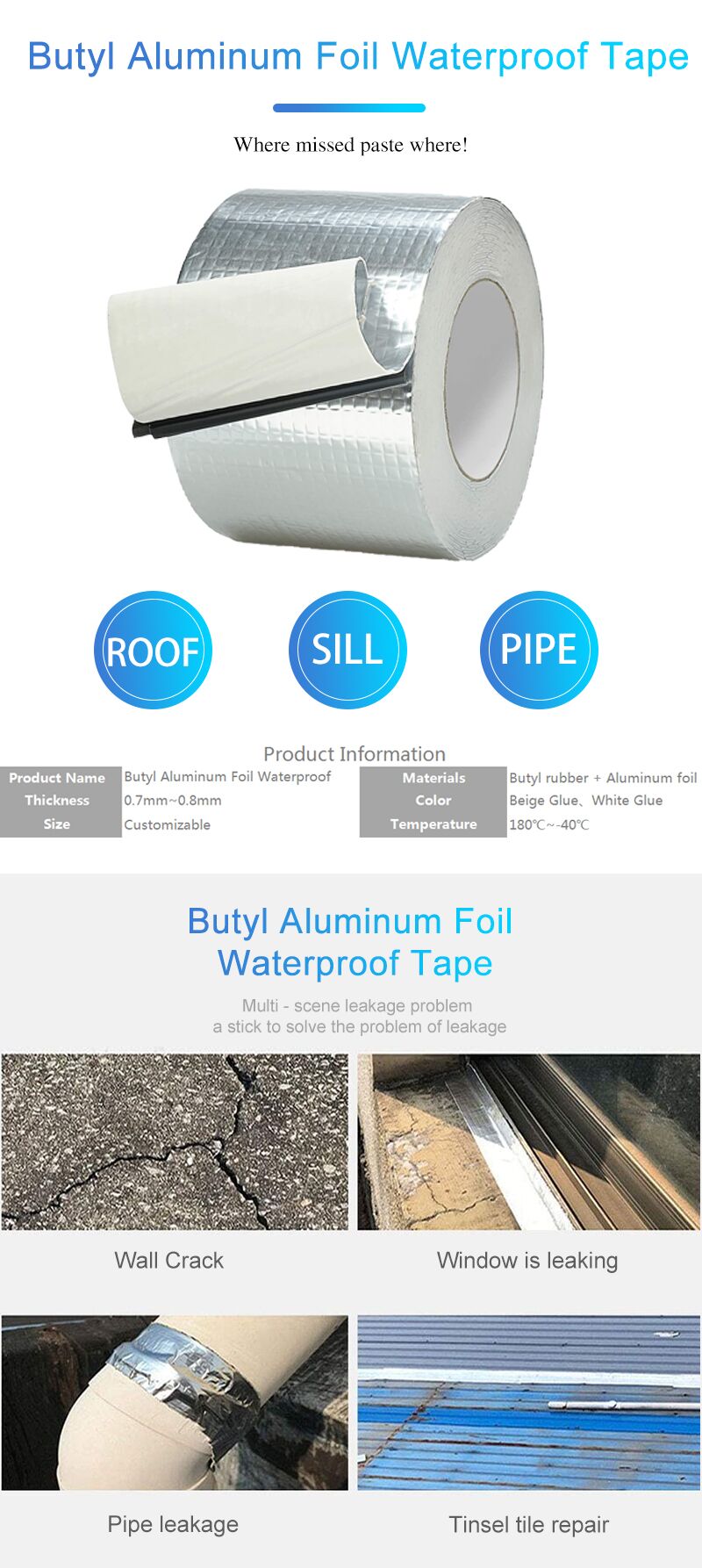 Leaky roof and plumbing repair aluminum butyl tape